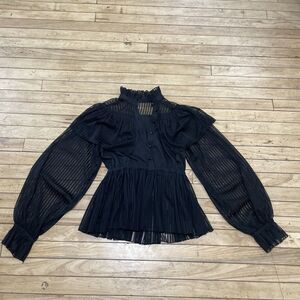 Dolly Delly Blouse Women M Black Stripe Whimsigoth Bishop Sleeve High Neck Lace